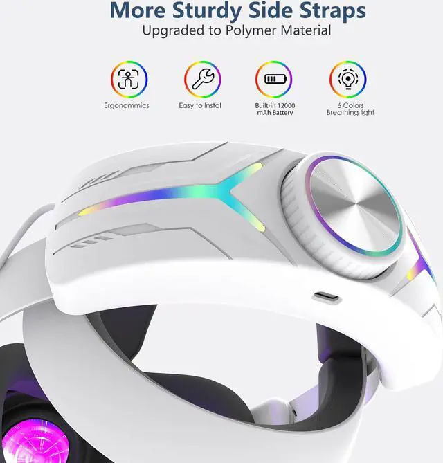 Alt view image 6 of 7 - Adjustable RGB Elite Head for Meta Quest 3S with Built-in 12000mAh Battery Headband for Oculus Quest 3S Accessories White