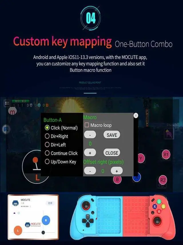 Alt view image 5 of 7 - Mocute 062 Wireless Game Controller Bluetooth 5.3, Hall Triggers,Gaming Joystick for Android / IOS / PC, TYPE-C Black