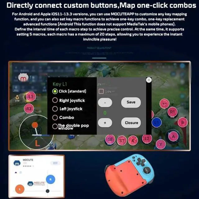 Alt view image 7 of 7 - Mocute 061 Wireless Gamepad Wireless Left Right Split Game Controller Bluetooth 4.2 Gaming Joystick for Android / iOS / PC, USB TYPE-C