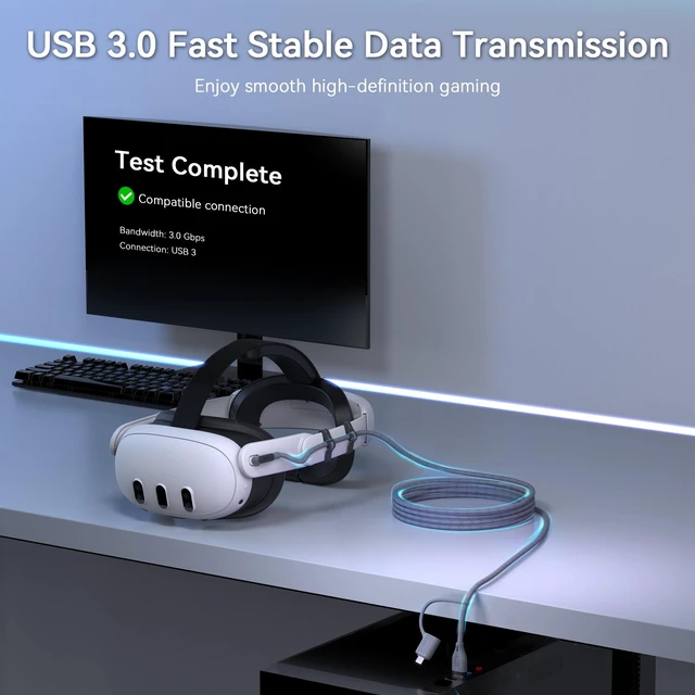 Alt view image 4 of 7 - AMVR 16FT VR Link Cable,5m USB 3.0 Braided Data Cable with USB-A to C Adapter, Compatible with Meta Quest/Pico 4 Accessories + PC/SteamVR