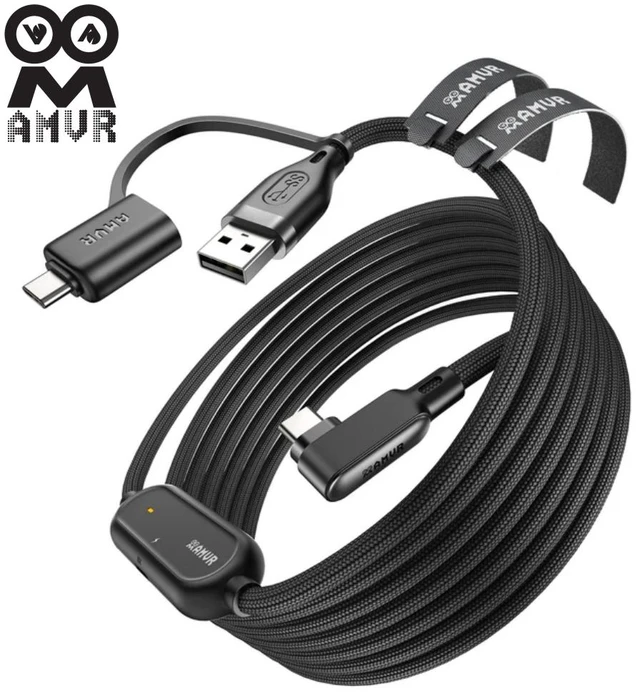 Main image of AMVR LC6 VR Charging Link Cable, 16FT(5M) USB 3.0 Nylon Braided with A to C Adapter, 5Gbps,Compatible with Meta Quest/Pico 4 Accessories + PC/SteamVR