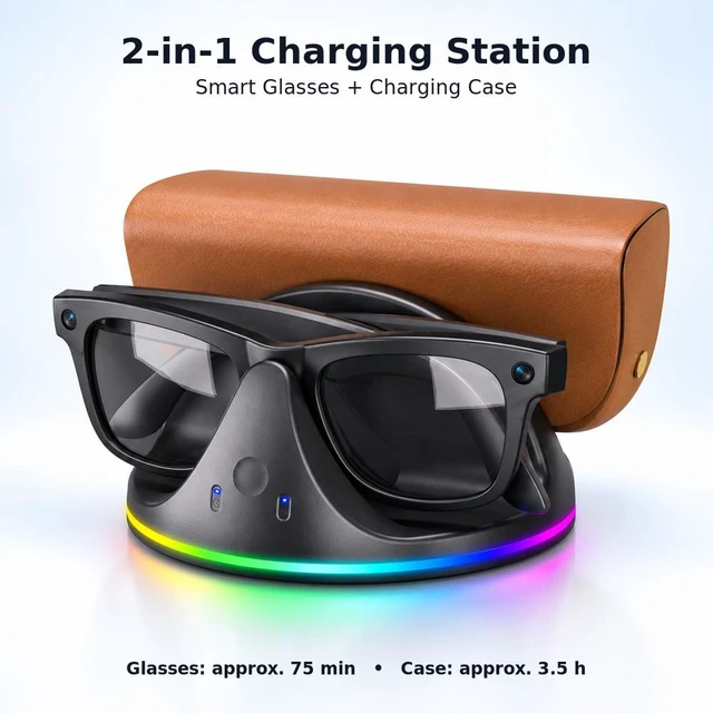 Alt view image 2 of 6 - SOVAWIN 2-in-1 Charging and Storage Stand for Meta Wayfarer & Rey-Ban Smart Glasses, 7-Color RGB Charging Base, Dual Charging for Glasses & Case, Magnetic Charging Case