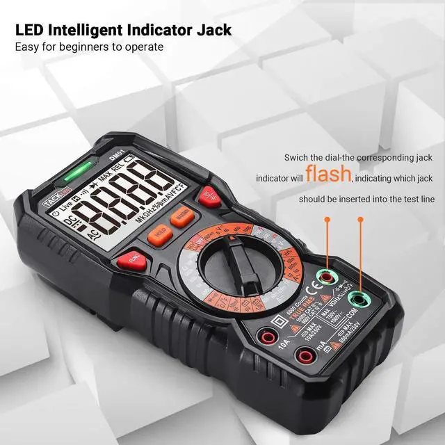 Alt view image 2 of 7 - TACKLIFE Digital Multimeter TRMS 6000 Counts LED Intelligent Indicator Jack Manual Ranging Measuring AC/DC Voltage AC/DC current Resistance Capacitance Frequency Duty Diode Continuity Test DM01