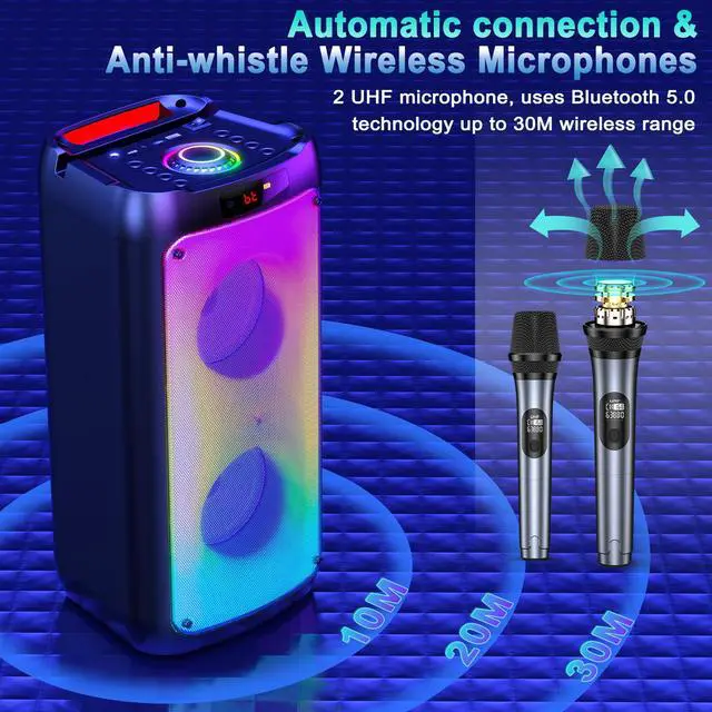 Alt view image 3 of 7 - JYX Singing Karaoke Machine with 2 Wireless Karaoke Microphones, Portable Bluetooth Speaker Home Karaoke System with RGB Colorful Light