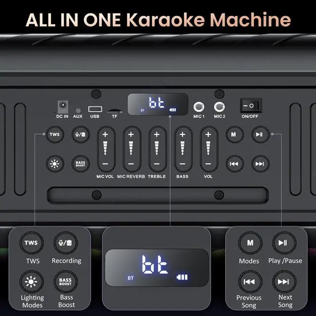 Alt view image 3 of 7 - JYX Karaoke Machine, Bluetooth Party Speaker with 2 Wireless Karaoke Microphones, Singing Machine Karaoke Home Speaker System with Beat Light Show, MIC Reverb, AUX Input