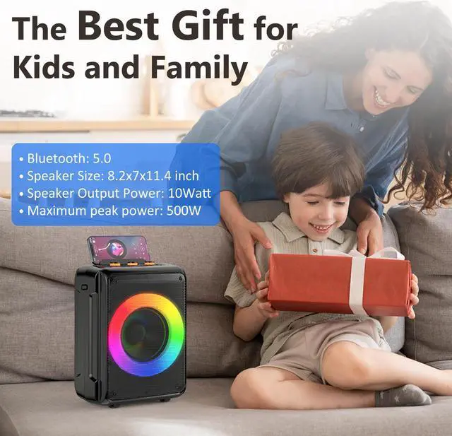 Alt view image 6 of 6 - JYX Bluetooth Karaoke Machine with 2 Microphones, Singing Machine PA Portable Speaker System with LED Lights Supports TF Card/USB, AUX/MIC in