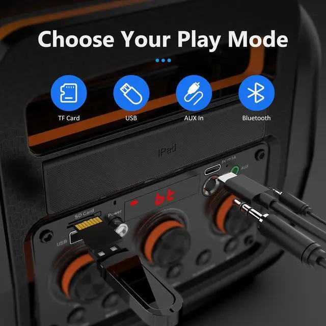 Alt view image 3 of 6 - JYX Bluetooth Karaoke Machine with 2 Microphones, Singing Machine PA Portable Speaker System with LED Lights Supports TF Card/USB, AUX/MIC in