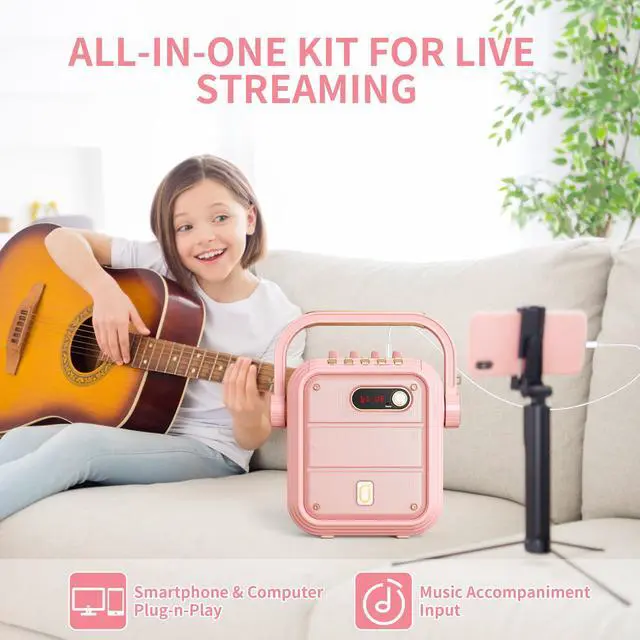 Alt view image 2 of 7 - JYX Pink Karaoke Machine, Bluetooth Speaker with 2 Wireless Karaoke Microphones, Singing Machine Karaoke System with 8 Sound Effects, Vocal Cut, Remote Control