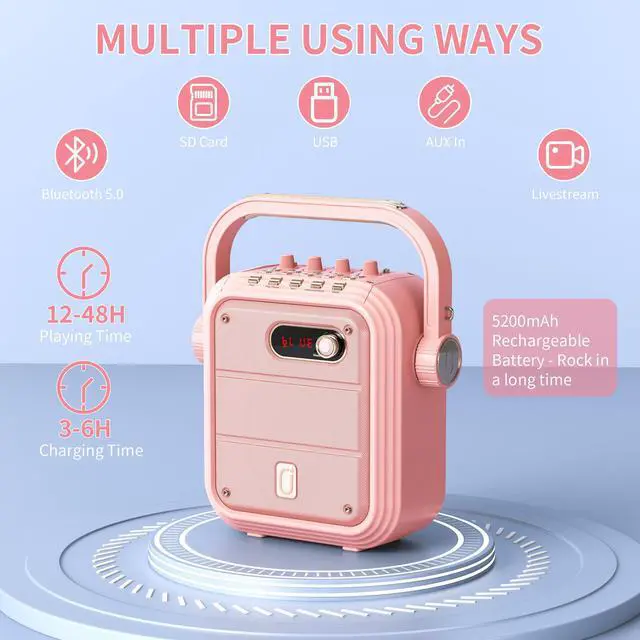 Alt view image 4 of 7 - JYX Pink Karaoke Machine, Bluetooth Speaker with 2 Wireless Karaoke Microphones, Singing Machine Karaoke System with 8 Sound Effects, Vocal Cut, Remote Control