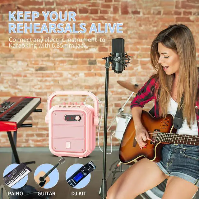 Alt view image 6 of 7 - JYX Pink Karaoke Machine, Bluetooth Speaker with 2 Wireless Karaoke Microphones, Singing Machine Karaoke System with 8 Sound Effects, Vocal Cut, Remote Control