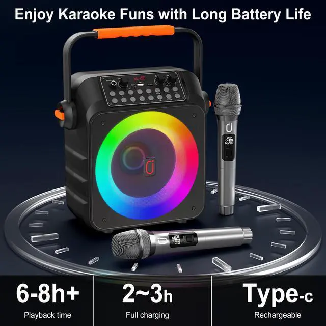 Alt view image 7 of 7 - JYX Karaoke Machine for Adult, Portable Singing Machine with 2 Wireless Karaoke Microphones, Bluetooth Speaker with LED Lights