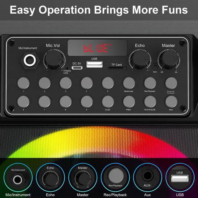 Alt view image 6 of 7 - JYX Karaoke Machine for Adult, Portable Singing Machine with 2 Wireless Karaoke Microphones, Bluetooth Speaker with LED Lights
