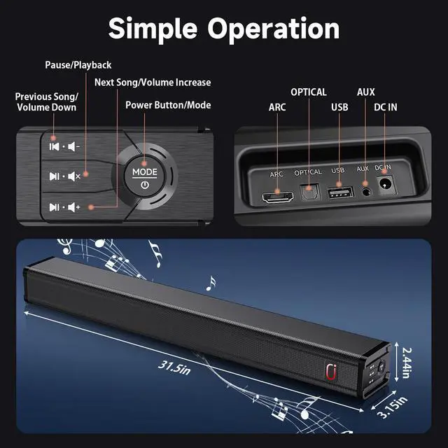 Alt view image 5 of 7 - JYX Soundar for TV, Wired & Wireless Bluetooth Soundbar TV Speakers, 3D Surround Sound System for TV with Subwoofer, Wall Mountable