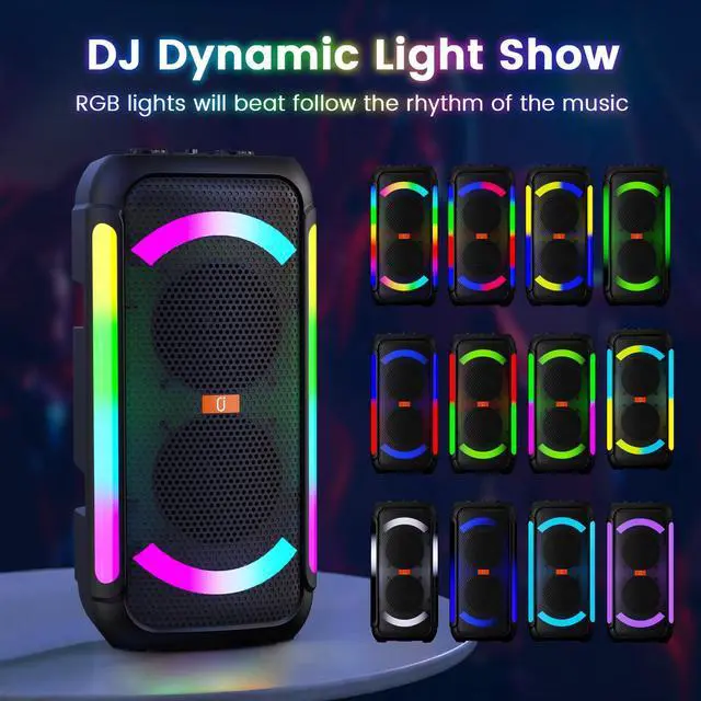 Alt view image 2 of 7 - JYX Bluetooth Speaker with 2 Wireless Microphones, Portable Speaker with LED Lights for Party, Outdoor Speaker with Powerful Sound, USB/TF/AUX