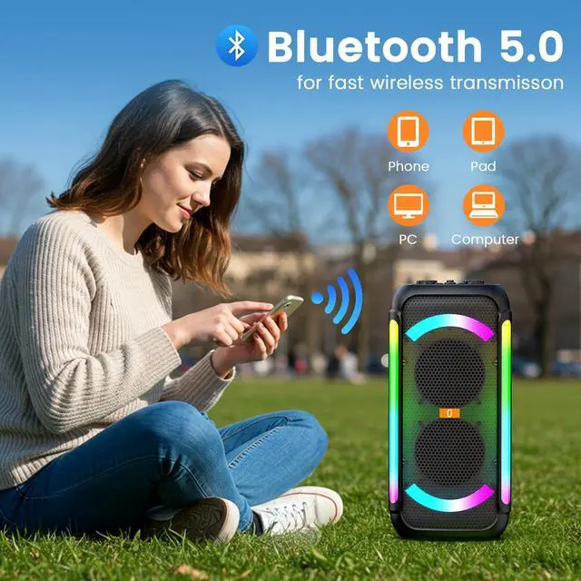 Alt view image 4 of 7 - JYX Bluetooth Speaker with 2 Wireless Microphones, Portable Speaker with LED Lights for Party, Outdoor Speaker with Powerful Sound, USB/TF/AUX