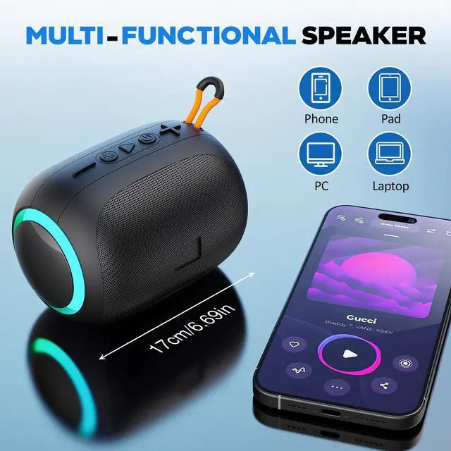 Alt view image 7 of 7 - JYX Portable Speaker, IPX7 Waterproof Mini Bluetooth Speaker with 8 Hours Playtime, Outdoor Speaker with LED Light, L5-Blue/Black