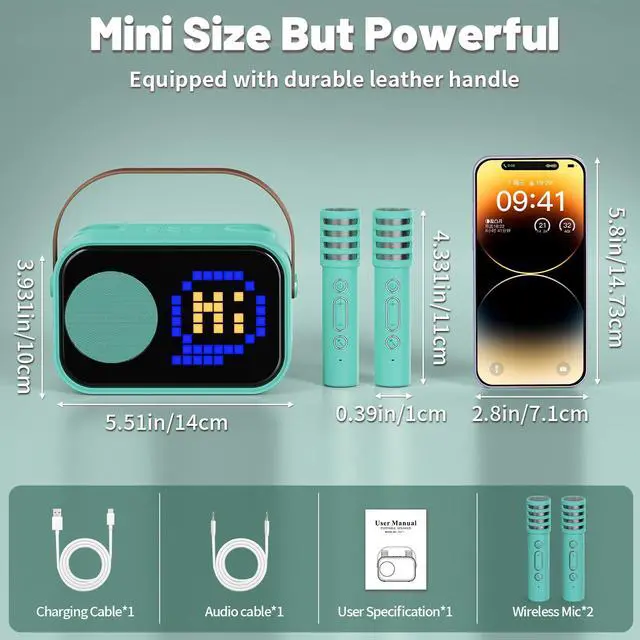 Alt view image 3 of 7 - JYX Karaoke Machine, Home Karaoke System with 15 Animated Dispaly Modes, Mini Portable Wireless Karaoke Machine with 2 Microphones, Green