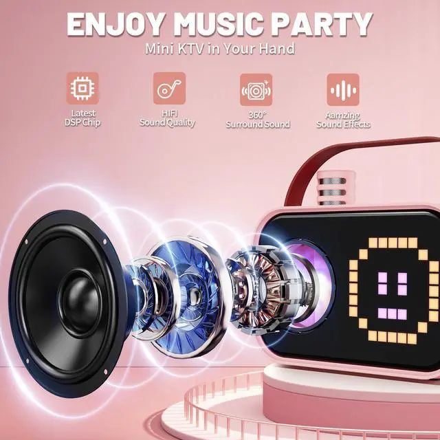 Alt view image 4 of 7 - JYX Karaoke Machine, Home Karaoke System with 15 Animated Dispaly Modes, Mini Portable Wireless Karaoke Machine with 2 Microphones, Pink