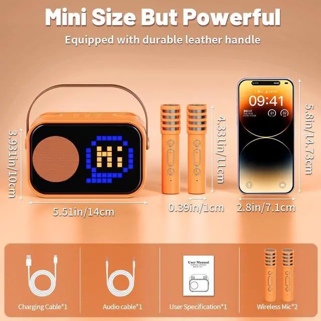 Alt view image 3 of 7 - JYX Karaoke Machine, Home Karaoke System with 15 Animated Dispaly Modes, Mini Portable Wireless Karaoke Machine with 2 Microphones, Orange
