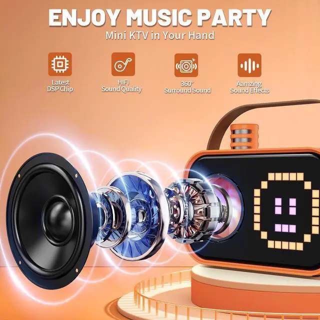 Alt view image 4 of 7 - JYX Karaoke Machine, Home Karaoke System with 15 Animated Dispaly Modes, Mini Portable Wireless Karaoke Machine with 2 Microphones, Orange