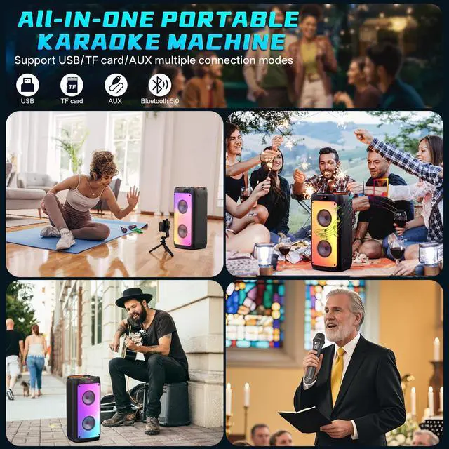 Alt view image 6 of 7 - JYX Singing Karaoke Machine with 2 Wireless Karaoke Microphones, Portable Bluetooth Speaker Home Karaoke System with RGB Colorful Light
