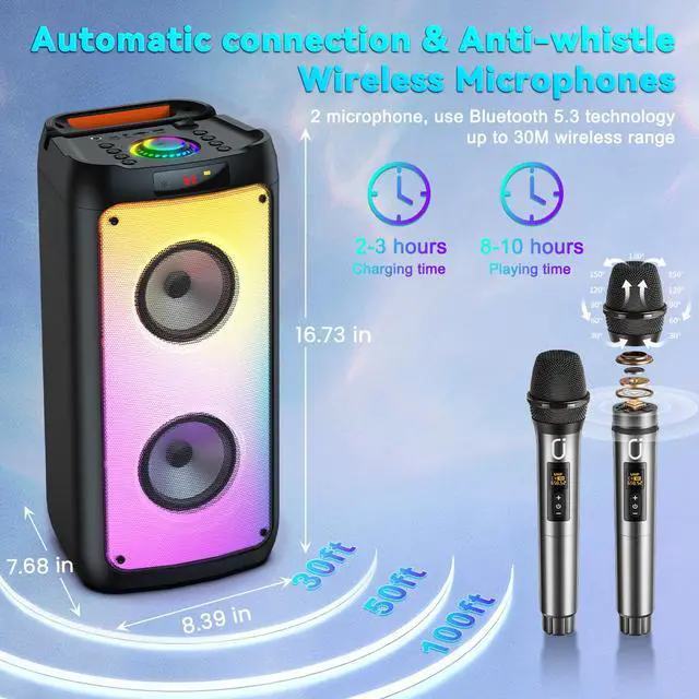 Alt view image 3 of 7 - JYX Singing Karaoke Machine with 2 Wireless Karaoke Microphones, Portable Bluetooth Speaker Home Karaoke System with RGB Colorful Light