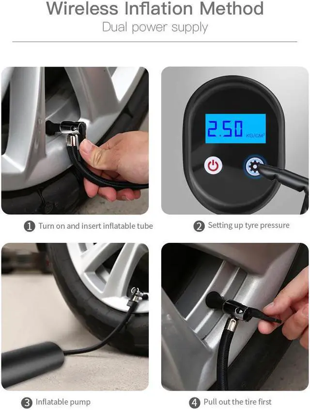 Alt view image 3 of 7 - 150 PSI Tire inflator portable air compressor with LCD Display Emergency LED Light Rechargeable Li-ion Batteryd Electric Cordless Air Pump for Cars, Motorbikes, Balls, Swim rings and All Bicycles