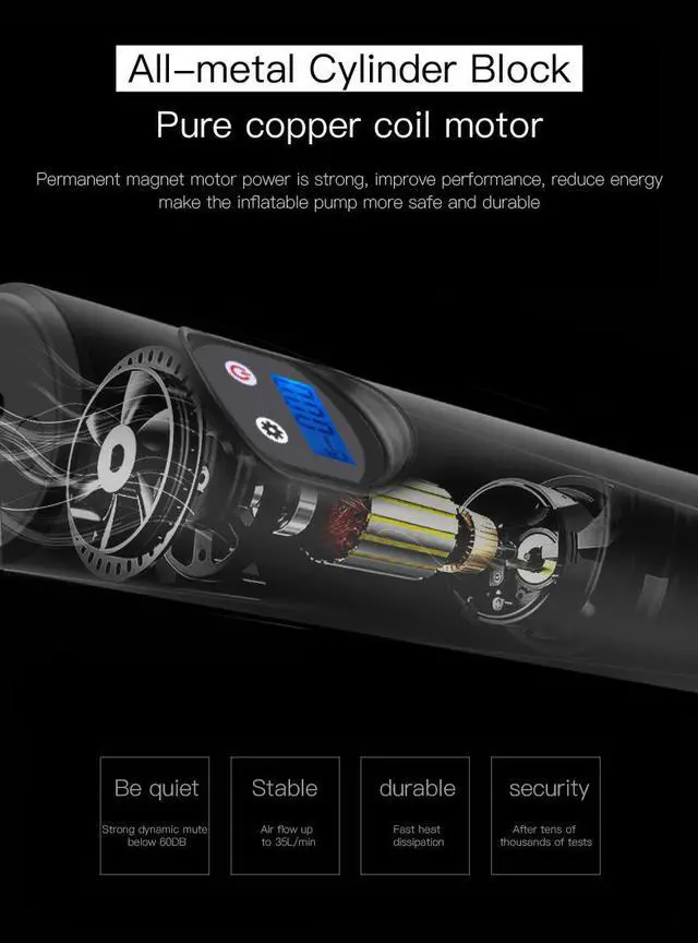Alt view image 2 of 7 - 150 PSI Tire inflator portable air compressor with LCD Display Emergency LED Light Rechargeable Li-ion Batteryd Electric Cordless Air Pump for Cars, Motorbikes, Balls, Swim rings and All Bicycles