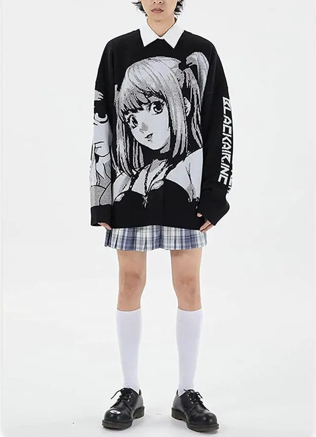 Alt view image 2 of 7 - Unisex Long Sleeve Crewneck Anime Knitted Sweater Casual Oversized Jumper Pullover Tops XX-Large