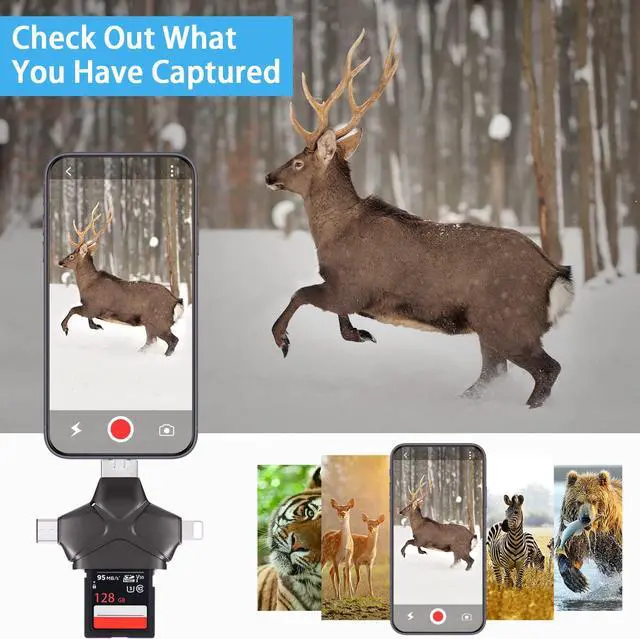 Alt view image 3 of 7 - Trail Camera Viewer SD Card Reader for iPhone/iPad,4 IN 1 Trail Game Camera SD Card Reader for iPhone/iPad/USB C & Micro USB Android/Pcs,Hunting & Trail Camera Viwer Supports SD,Micro SD,Plug and Play