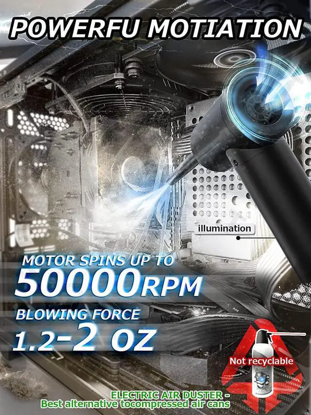 Alt view image 3 of 7 - LAUGFIN Electric Air Duster & Vacuum 2 in 1,Cordless Portable Compressed air Duster with 50000 RPM,Rechargeable Air Blower,Replaces Compressed Air Cans for Computer Keyboard Car Camera Cleaning