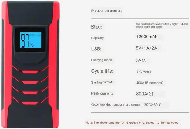 Alt view image 7 of 7 - LAUGFIN K08 800A Peak 12000mAh Car Jump Starter with LCD Display (up to 4.5L Gas, 3.5L Diesel Engine) 12V Auto Battery Booster with Smart Jumper Cable, Quick Charger