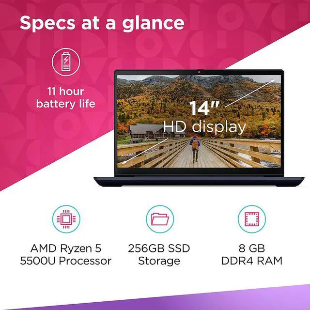 Alt view image 6 of 8 - Lenovo IdeaPad 3 Laptop, 14.0" FHD (1920 x 1080) Display, AMD Ryzen 5 5500U Processor, 8GB DDR4 RAM, 256GB NVMe TLC SSD Storage, AMD Radeon 7 Graphics, Windows 11 Home, 82KT00GVUS, Abyss Blue