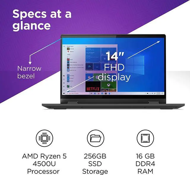 Alt view image 2 of 6 - Lenovo Flex 5 Laptop, 14.0" FHD Touch Display, AMD Ryzen 5 5500U, 16GB RAM, 256GB PCIe SSD, AMD Radeon Graphics, Windows 11 Home ,JAWFOAL HDMI Cable