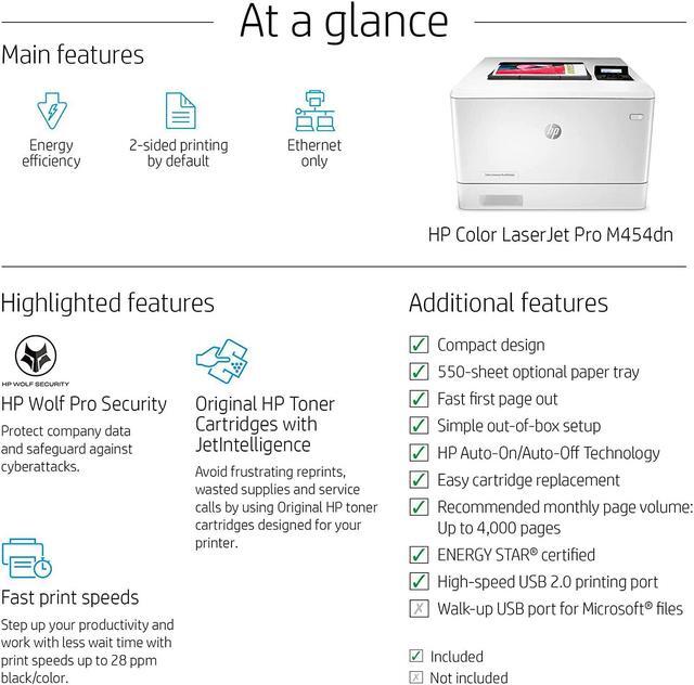 Alt view image 2 of 7 - HP Color Laserjet Pro M454dn Laser Printer, Automatic 2-Sided Printing, Auto-On/Auto-Off Technology, 2-line LCD Display, 28 ppm, 250-Sheet, 256 MB, Bundle with JAWFOAL Printer Cable