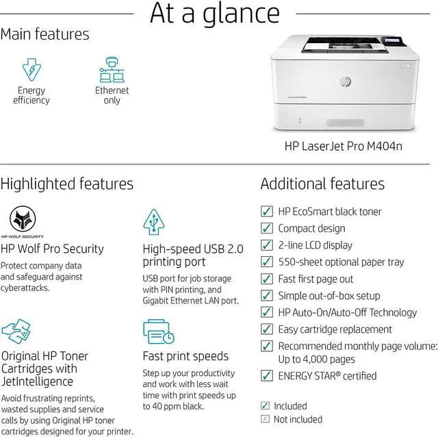 Alt view image 2 of 7 - HP Laserjet Pro M404n Monochrome Printer with Built-in Ethernet, Auto-On/Auto-Off Technology, 40 ppm, 250-Sheet, 4800 x 600 dpi, Control Panel with a 2-line LCD, Bundle with JAWFOAL Printer Cable