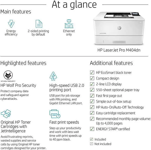 Alt view image 2 of 7 - HP Laserjet Pro M404dn Monochrome Black-and-White Laser Printer, Auto-Duplex, Auto-On/Auto-Off Technology, 40 ppm, 250-Sheet, Built-in Ethernet, JAWFOAL Printer Cable