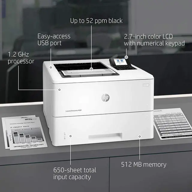 Alt view image 4 of 7 - HP Laserjet Enterprise M507n Monochrome Printer with Built-in Ethernet, 1200 x 1200 dpi, 650-sheet Input Feeder, 45 ppm, 512 MB, 2.7-inch LCD Control Panel, Bundle with JAWFOAL Printer Cable