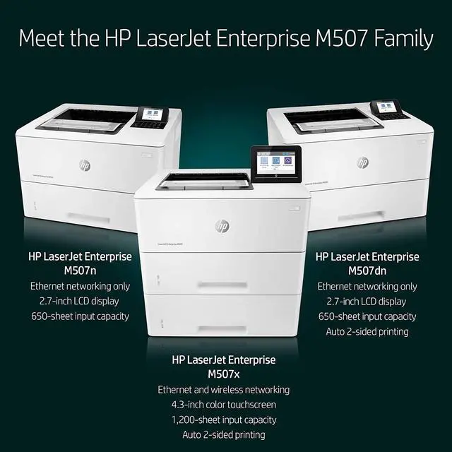 Alt view image 7 of 7 - HP Laserjet Enterprise M507n Monochrome Printer with Built-in Ethernet, 1200 x 1200 dpi, 650-sheet Input Feeder, 45 ppm, 512 MB, 2.7-inch LCD Control Panel, Bundle with JAWFOAL Printer Cable