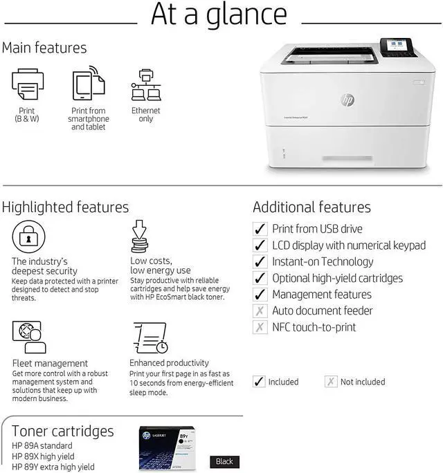 Alt view image 2 of 7 - HP Laserjet Enterprise M507n Monochrome Printer with Built-in Ethernet, 1200 x 1200 dpi, 650-sheet Input Feeder, 45 ppm, 512 MB, 2.7-inch LCD Control Panel, Bundle with JAWFOAL Printer Cable