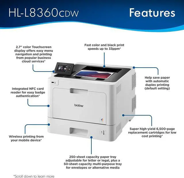 Alt view image 3 of 7 - Brother Business Color Laser Printer, HL-L8360CDW, Wireless Networking, 31 ppm, 600 x 2400 dpi, 8.5 x 14, 2.7" Touchscreen LCD, Auto 2-Sided Printing, JAWFOAL Printer Cable