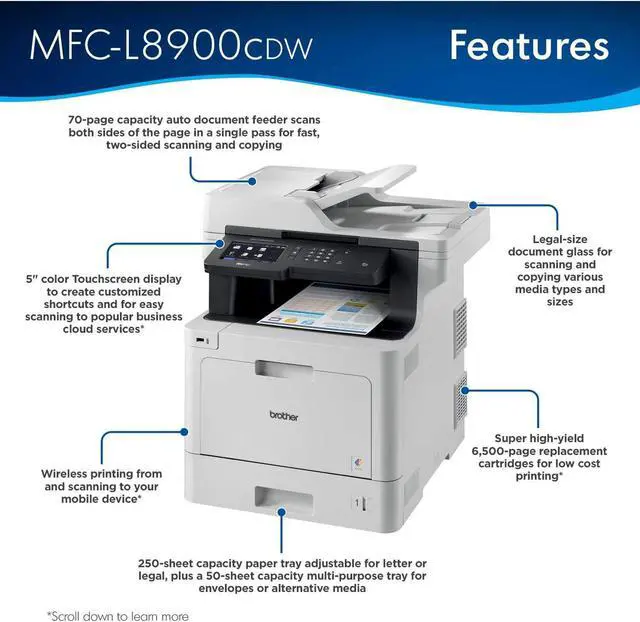 Alt view image 2 of 7 - Brother MFC-L8900CDW Business Color Laser All-in-One Printer, Advanced Duplex & Wireless Networking, High-Quality Business Printing, Mobile Device Printing & Scanning, Cefesfy Printer Cable