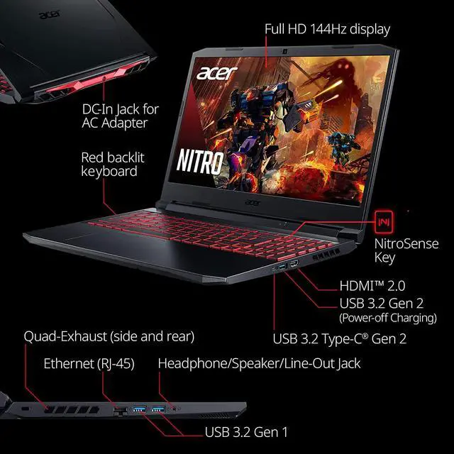 Alt view image 2 of 7 - Acer Nitro 5 Gaming Laptop, 15.6" FHD IPS 144Hz Display, Intel Core i7-11800H, NVIDIA GeForce RTX 3050 Ti, 16GB DDR4, 1TB PCIe SSD, 1TB HDD, Wi-Fi 6, Backlit Keyboard, Windows 11 Home, Laptop Stand