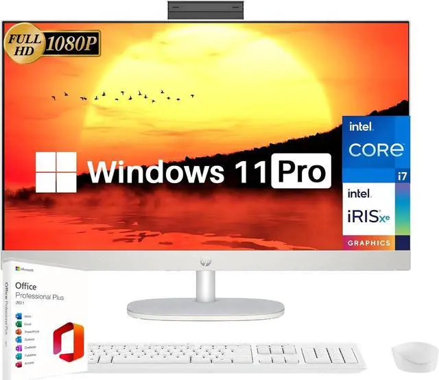 Main image of HP All-in-One Desktop Computer, 27" FHD Display, Intel 10-Core i7-1355U, 64 GB RAM, 1 TB SSD, Intel Iris Xe GPU, Wi-Fi 6, Wireless KB & Mouse, Windows 11 Pro