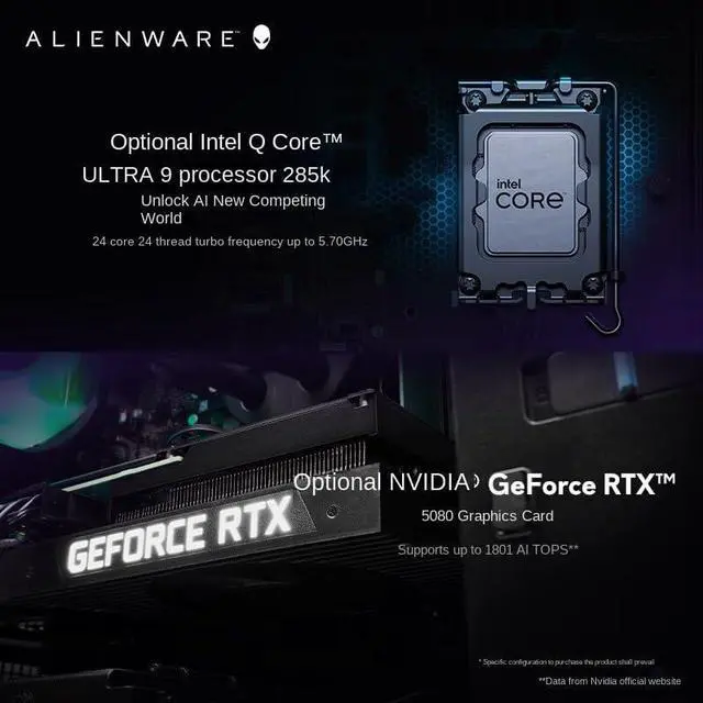 Alt view image 5 of 7 - Dell Alienware Aurora Gaming Pc - Intel Ultra 9 Series 285K  GeForce RTX 5080 16GB GDDR7  32GB DDR5 RAM, 2TB SSD, 2TB HDD, Wi-Fi7, Win 11 Pro