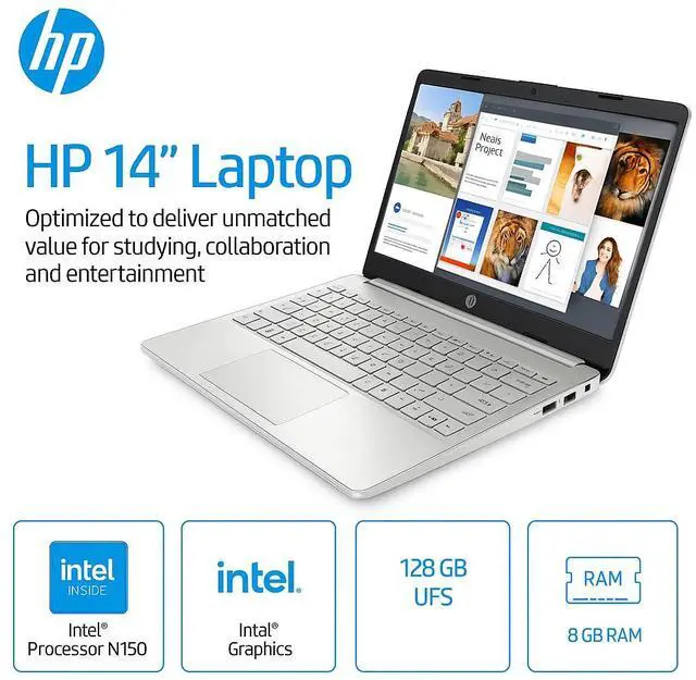 Alt view image 2 of 7 - HP Student Business Laptop, Intel N150 Processor, 14 Inch LED, 16GB RAM, 128GB, Wi-Fi 6, Windows 11 Pro