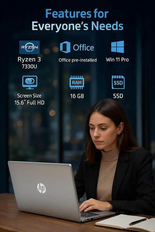Alt view image 2 of 6 - HP 255-G10 15.6" Full HD Business Laptop Computer, Ryzen 3 7330U, 32GB RAM, 1TB SSD, Wi-Fi 6, Windows 11 Pro