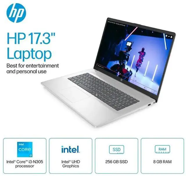 Alt view image 5 of 7 - HP Flagship 17 Laptop Computer - 17.3" 250 nits Display, Intel Core i3-N305, 8GB RAM, 256GB SSD, Windows 11 Home, Numeric Keypad, Wi-Fi 6, Copilot