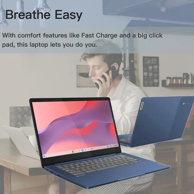 Alt view image 3 of 7 - Lenovo IdeaPad Slim 3 Chromebook, Lightweight Laptop, 14" Full HD Display- 4GB RAM, 64GB eMMC+128GB Micro SD Card, ARM Mali-G52 - HD 720p Camera - MediaTek Kompanio 520 - Abyss Blue