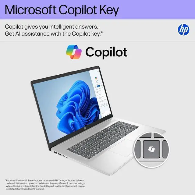 Alt view image 6 of 7 - HP 17 inch Touchscreen Laptop, Intel Core Ultra 7 255U, 32GB DDR5 RAM, 2TB SSD, 17.3" diagonal HD+ 250 nit Display, Copilot AI, Backlit KB, Wi-Fi 6, Windows11 Pro
